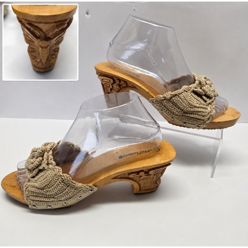 VTG 1970s Crafts Hawaii Wood Butterfly Heel Crochet Slide Sandals Sz 9 Boho Tiki